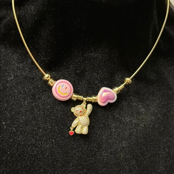 Gold Necklace with Pink Charms - Picture 3 of 12